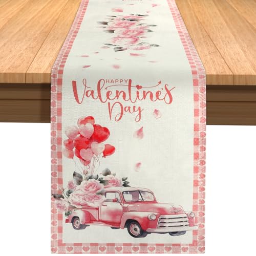 183 x 33 cm Tischdecke Valentinstag, Happy Valentine's Day Rose Balloon Truck Design Leinen Tischdecke Romantische Tischdecke Valentinstag Tischdekoration für Hochzeitstag, Party von NQEUEPN