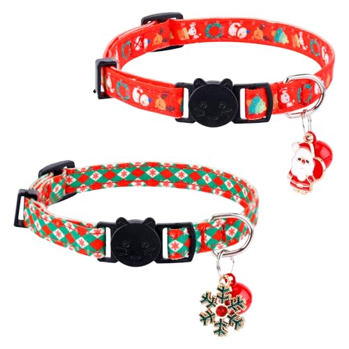 2 Stück Weihnachts Katzenhalsband, Katzenhalsband mit Glocken, Weihnachtsmann und Schneeflockenanhänger Verstellbares Kätzchenhalsband für Heimtierbedarf von NQEUEPN