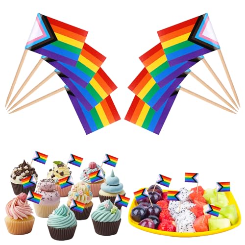 200St Regenbogen Flagge Zahnstocher, Mini Progress Pride Zahnstocher Flagge LGBT Cupcake Topper Regenbogen Cocktail Zahnstocher für Regenbogen Karneval Party Dekoration von NQEUEPN