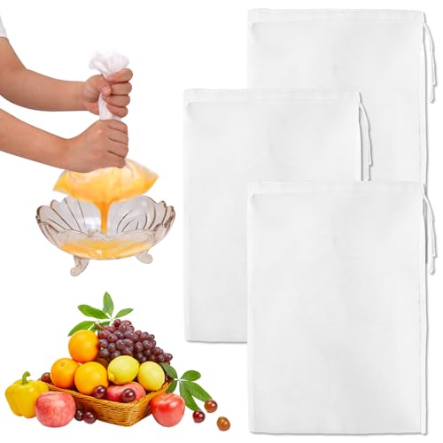 3 Stück Nussmilchbeutel, 30 x 20 cm Wiederverwendbare Käsetuchbeutel aus Nylon Netzsiebbeutel Lebensmittelfilterbeutel zum Filtern von Saft Nussmilch Joghurt Kaffee Butter Tofu von NQEUEPN