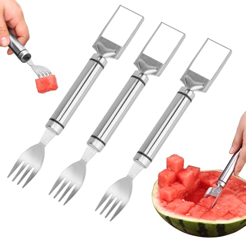 3-Teiliger Wassermelonenschneider, 2-in-1-Wassermelonen-Gabelschneider mit Doppelkopf Tragbar Obstschneider aus Edelstahl für Camping Küche Sommer-Familienparty von NQEUEPN