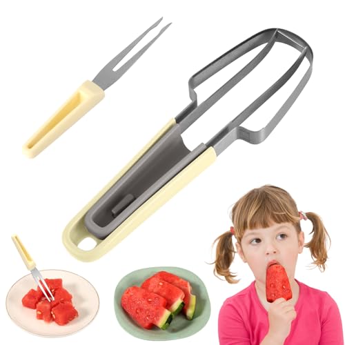 3-in-1 Wassermelonen-Gabelschneider, Edelstahl Wassermelonengabel Hobel Melonenschneider Messer Obst Wassermelonen-Schneidewerkzeug Multifunktional Tragbar für Zuhause Küchengeräte (Beige) von NQEUEPN