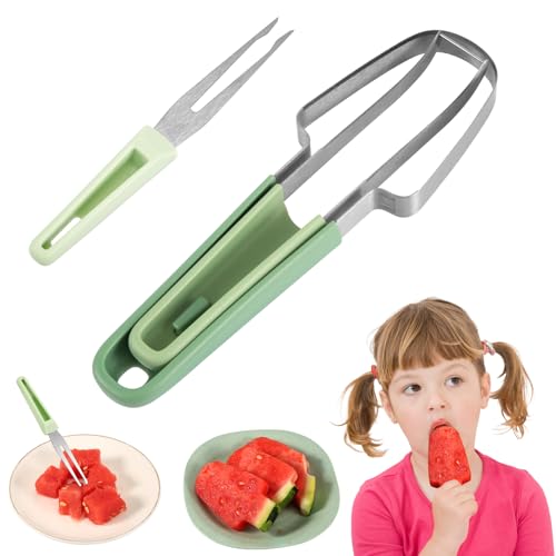 3-in-1 Wassermelonen-Gabelschneider, Edelstahl Wassermelonengabel Hobel Melonenschneider Messer Obst Wassermelonen-Schneidewerkzeug Multifunktional Tragbar für Zuhause Küchengeräte (Grün) von NQEUEPN
