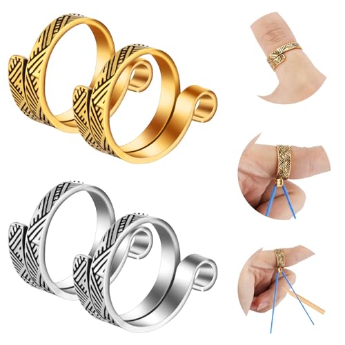 NQEUEPN 4 Stück Häkelring, Verstellbar Strickschlaufenring Häkelspannring Garnführung Fingerhalter Strick Fingerhut für Mutter Oma Häkeln Basteln Zubehör Werkzeuge (Gold, Silber) von NQEUEPN