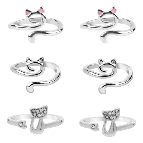 NQEUEPN 6 Stück Verstellbare Häkelschlaufenringe, 3 Stile Katze Garnführer-Fingerhalter mit Aufbewahrungsbox Häkel-Spannring Geschenke für Frauen Häkeln Strickliebhaber von NQEUEPN