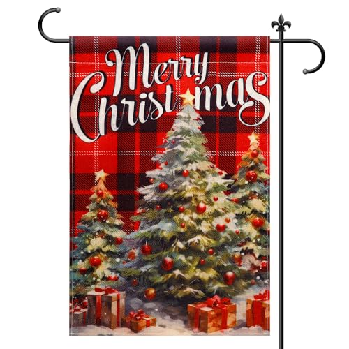 Bäume Weihnachtsgartenflagge, 30x45cm Doppelseitige Gartenflagge Rot und Schwarz Kariert Merry Christmas Saisonale Flagge Dekorative Flaggen für Draußen Winter Feiertag Dekoration von NQEUEPN