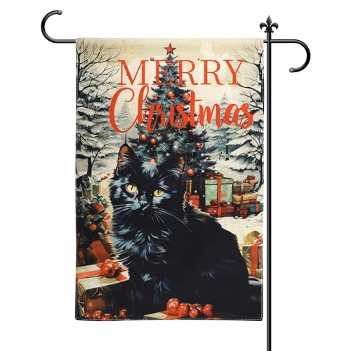 Frohe Weihnachten Flagge, 30x45cm Doppelseitige Sackleinen Winter Gartenfahnen Schwarze Katze Geschenkbox Dekoration Kugel Weihnachtsbaum Flagge für Dekoration von Zuhause im Freien von NQEUEPN