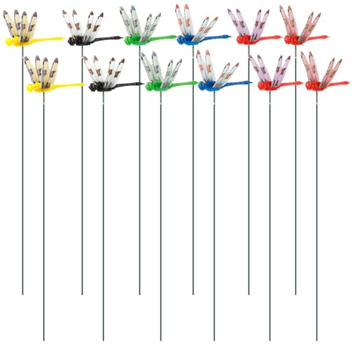 NQEUEPN 12 Stück Realistisch Libellen-Gartendeko, 3D Künstlich Libellenstäbe 6 Farben Libellen-Ornamente für Draußen Terrasse Hof Blumentopf Gartendekoration (Ohne Clips) von NQEUEPN
