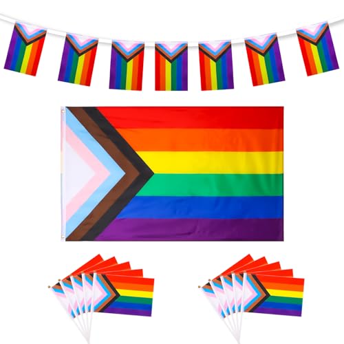 Pride-Flaggen-Set, 90x150cm Regenbogenfahnen mit 10m LGBTQ-Pride-Banner Schnur Mini Handheld LGBT-Flagge für Drinnen Draußen Gay-Pride-Party Festival Parade Zuhause Bar Garten Dekoration von NQEUEPN