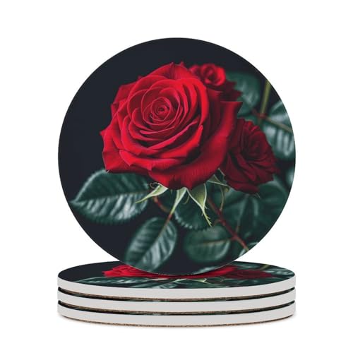 Getränkeuntersetzer mit rotem Rosen-schwarzem Hintergrund, saugfähiges Untersetzer-Set für Arten von Tassen, moderner Stil, Untersetzer für Couchtisch, 10,4 cm, 4 Stück von NQHJT