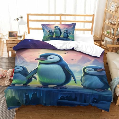 NQHXLRUDC 3D Gedruckter Bettbezug Set Pinguin Bettwäschegarnitur Bettwäsche Weich Microfaser Und Kissenbezüge Reissverschluss 2 Teilig Single（135x200cm） von NQHXLRUDC