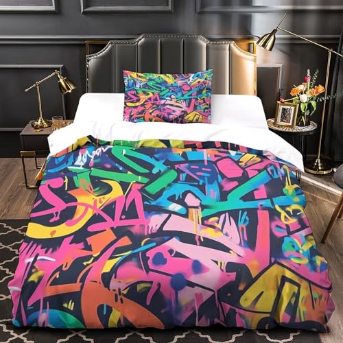 NQHXLRUDC Graffiti 3D Druck Bettwäsche Set Durcheinander und frei Bettwäsche Set Flauschige Kissenbezug 2teilig Mit Reißverschluss Für Teens Single（135x200cm） von NQHXLRUDC