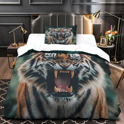 NQHXLRUDC Tiger 3D Drucken Bettwäsche Set Wilde Tiere Bettbezug Super Weich Kissenbezug 2teilig Mit Reißverschluss Für Teens Single（135x200cm） von NQHXLRUDC