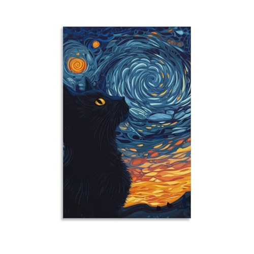 Van Gogh's Katze Leinwand Bilder Wandbilder Kunst Abstrakt Bunte Dekoration Natürliche HKunste Leinwand Wasserdicht Für Wohnzimmer Schlafzimmer Büro Wanddekoration 16x24inch(40x60cm) von NQHXLRUDC
