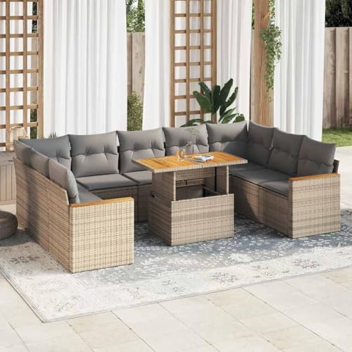NQJIBUE 10-teiliges Gartensofa-Set mit Kissen, Poly-Rattan-Akazie, Outdoor-Möbel-Sets von NQJIBUE