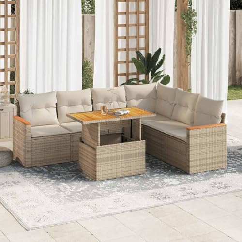 NQJIBUE 7-teiliges Gartensofa-Set mit Kissen, Polyrattan-Akazie, Outdoor-Möbel-Sets von NQJIBUE