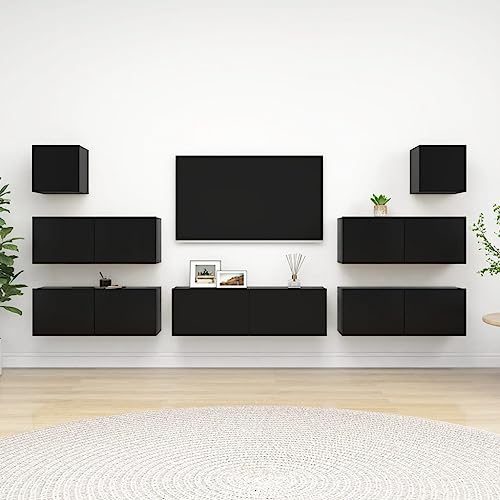 NQJIBUE 7-teiliges TV-Schrank-Set, Holz, Unterhaltungszentren und TV-Ständer, Schwarz von NQJIBUE