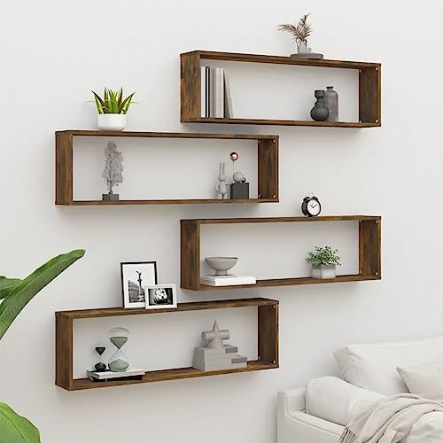 NQJIBUE Artikel-Würfelregale, 4 Stück, geräucherte Eiche, 100 x 15 x 30 cm, Holzwerkstoff, Regal, Wandregale und Latten von NQJIBUE