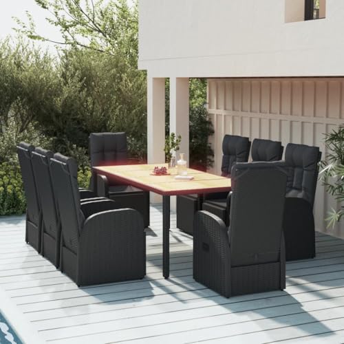 NQJIBUE Artikel: 9-teiliges Garten-Esszimmer-Set, schwarzes Poly-Rattan und Akazienholz, für den Außenbereich von NQJIBUE