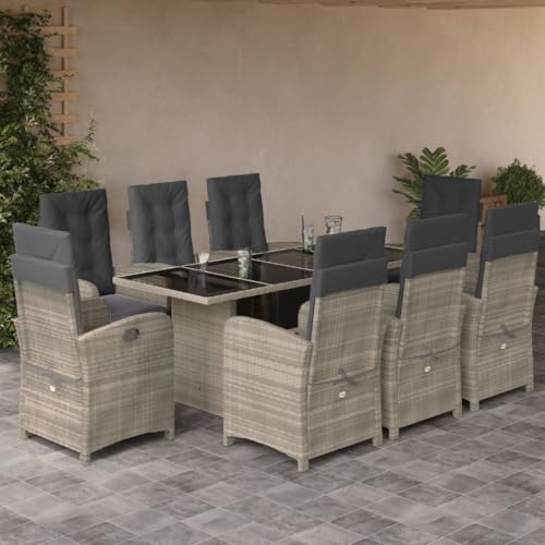 NQJIBUE Artikel: 9-teiliges Garten-Esszimmer-Set mit Kissen, hellgrau, Poly-Rattan, Outdoor-Möbel-Sets von NQJIBUE