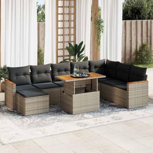 NQJIBUE Artikel: 9-teiliges Gartensofa-Set mit Kissen, graues Polyrattan-Akazie, Outdoor-Möbel-Sets von NQJIBUE