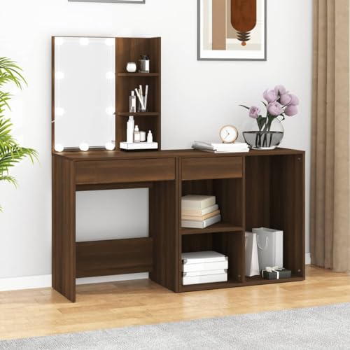 NQJIBUE LED Schminktisch mit Schrank Braun Eiche Holzwerkstoff NQJIBUE LED Schminktisch mit Schrank Braun Eiche Holzwerkstoff von NQJIBUE