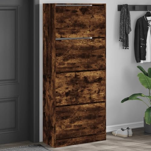 NQJIBUE Schuhschrank mit 4 Klappschubladen Eiche geräuchert 80x34x187,5 cm von NQJIBUE