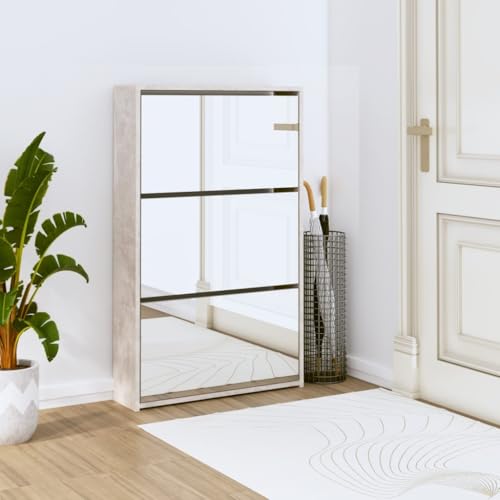 NQJIBUE Schuhschrank mit Spiegel, 3-lagig, Betongrau, 63 x 17 x 102,5 cm von NQJIBUE