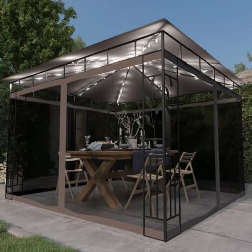 Pavillon mit Moskitonetz & LED-Lichterkette 3x3x2,73m Taupe von NQJIBUE