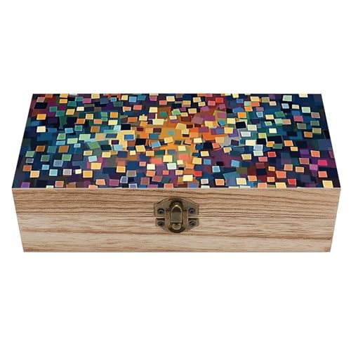 NQLYRE Aufbewahrungsbox aus Holz mit Scharnierdeckel und Frontverschluss aus kleinen Blöcken, bedruckt, Andenkenbox, Erinnerungsbox, Raumdekorationsbox, Stil von NQLYRE