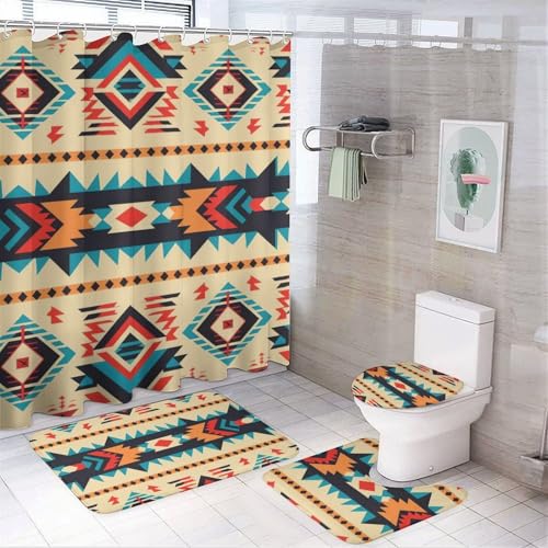 Duschvorhang-Set, 4-teilig, Indianer-Badezimmer-Set mit rutschfesten Teppichen, WC-Deckelbezug und Badematte für Badezimmer-Dekoration, wasserdichtes Badzubehör für Badewanne, 183 x 183 cm Duschvorhang-Set, 4-teilig, Indianer-Badezimmer-Set mit rutschfesten Teppichen, WC-Deckelbezug und Badematte für Badezimmer-Dekoration, wasserdichtes Badzubehör für Badewanne, 183 x 183 cm von NQLYUT