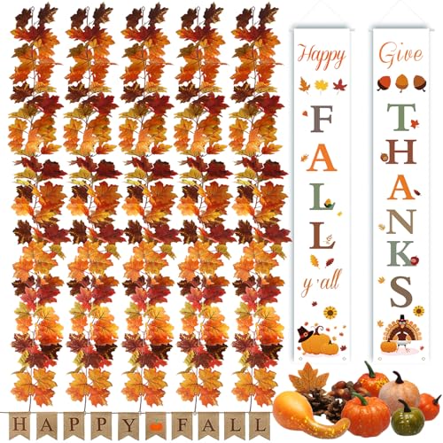 Herbstdekorationsset, 5 Stück, künstliche Herbst-Ahornblätter-Girlande, 70 Stück mit Mini-Kürbis-Set, Happy Fall Veranda-Banner, Willkommensschilder, Herbstdekoration für Thanksgiving, Zuhause und Herbstdekorationsset, 5 Stück, künstliche Herbst-Ahornblätter-Girlande, 70 Stück mit Mini-Kürbis-Set, Happy Fall Veranda-Banner, Willkommensschilder, Herbstdekoration für Thanksgiving, Zuhause und von NQN