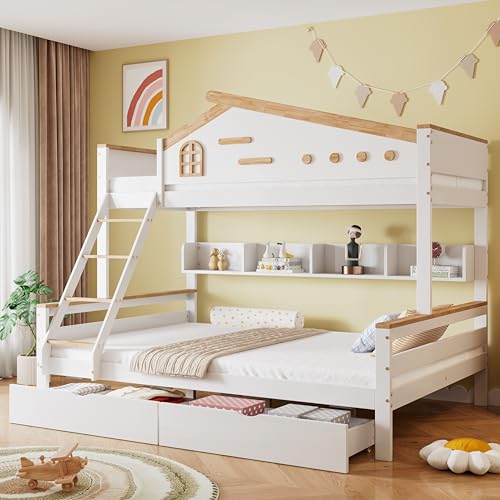 NQSLDM Etagenbett 90x200 und 140x200 cm mit Schubladen und Offenem Regal, Stockbett Kinderbett mit Leiter und Rausfallschutz, Bettgestell mit Lattenrost, Stauraumbett für Kinder und Jugendliche, Weiß NQSLDM Etagenbett 90x200 und 140x200 cm mit Schubladen und Offenem Regal, Stockbett Kinderbett mit Leiter und Rausfallschutz, Bettgestell mit Lattenrost, Stauraumbett für Kinder und Jugendliche, Weiß von NQSLDM