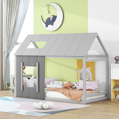 NQSLDM Kinderbett Hausbett 90 x 200 cm mit Lattenrost, Montessori Bodenbett mit Fenster und Dach, Holzbett Bettgestell in Hausform aus Kiefernholz, Grau NQSLDM Kinderbett Hausbett 90 x 200 cm mit Lattenrost, Montessori Bodenbett mit Fenster und Dach, Holzbett Bettgestell in Hausform aus Kiefernholz, Grau von NQSLDM