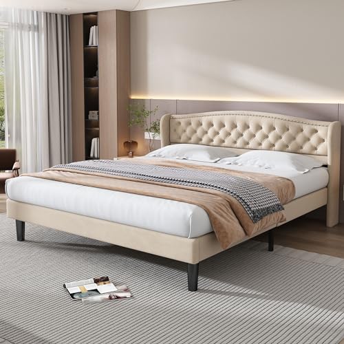 NQSLDM Polsterbett 160 x 200 cm mit Gepolstertes Kopfteil, Einzelbett Jugendbett mit Lattenrost, Bettgestell aus Massivholz, für Schlafzimmer und Gästezimmer, Samt-Stoff, Ohne Matratze, Beige von NQSLDM