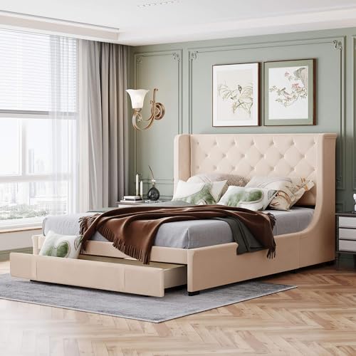 NQSLDM Polsterbett Doppelbett 140x200 cm, Stauraumbett mit Schubladen und Rückenlehne, Bettgestell mit Lattenrost und Stauraum, Bett für Schlafzimmer, Leinen, Ohne Matratze, Beige von NQSLDM