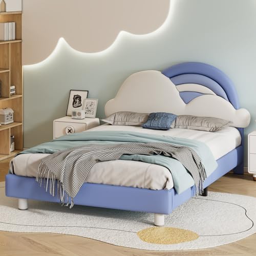 NQSLDM Polsterbett Kinderbett 140 x 200 cm mit Verstellbares Kopfteil, Doppelbett Jugendbett mit Lattenroste, Bettgestell aus Holz, für Jungen und Mädchen, PU-Material, Ohne Matratze, Blau von NQSLDM