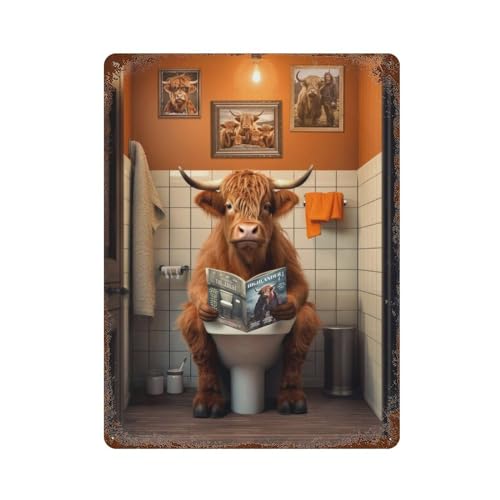 NRCKMIHRAE Hochlandkuh geht auf die Toilette Wandposter, Wanddekoration, Eisen, 15.7"x11.8" von NRCKMIHRAE