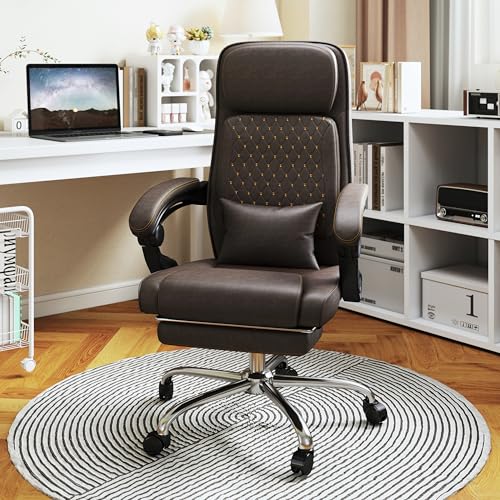 NSMAZXO Bürostuhl,großer Chefsessel mit hoher Rückenlehne aus PU-Leder,Computerstuhl mit Fußstütze, 135° neigbare Rückenlehne für das Home Office,leise Rollen,höhenverstellbar mit Lendenstütze,Braun von NSMAZXO