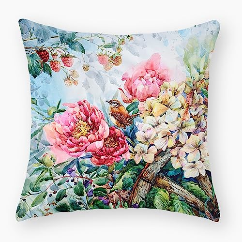 Herbstdeko, Kissenbezüge, Retro-Graudruck, Outdoor-Kissen, quadratische Sofakissen, Gartenkissen, Outdoor-Kissenbezüge, Schlafzimmer, Büro, Auto, dekorative, 60 cm x(Pink Flower Bird,(45x45cm)) von NSNYDNZ