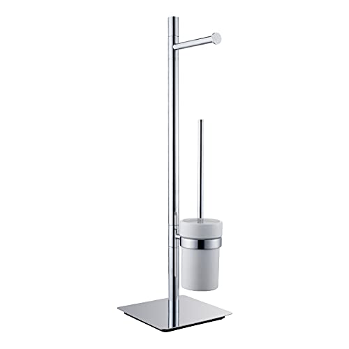 NSODOO Freistehende Toilettenbürsten-Kombinationshalter Superior Hotel Style Join Rollenpapier und Toilettenbürste Rutschfester robuster Bodenständer Messing Chrom mit weißer Keramikschale von NSODOO