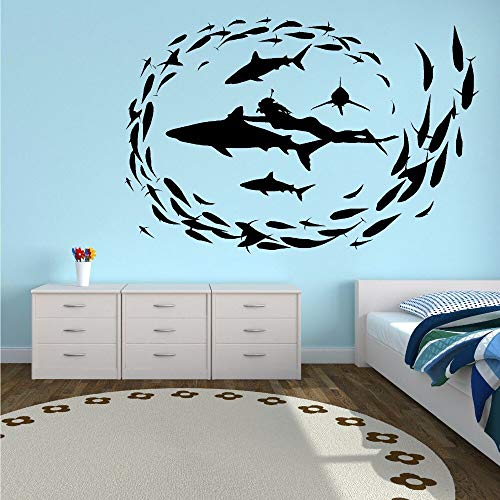 NSRJDSYT Vinyl Wandkunst Aufkleber abnehmbare Hai Tauchen Fisch Meer Wandtattoo Badezimmer Design Dekor Home Schlafzimmer Wandkunst Wandbild 85x57cm von NSRJDSYT
