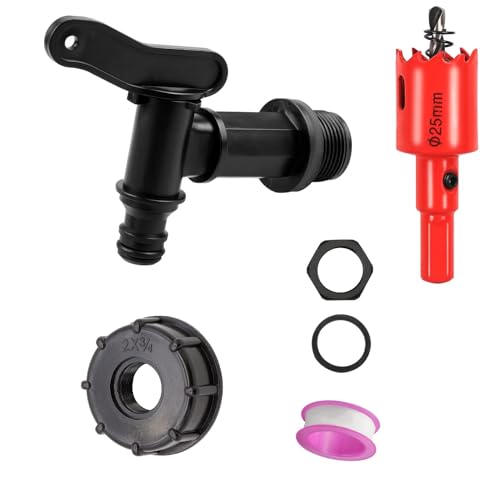 Auslaufhahn für Regentonne, Kunststoff Ersatz Wasserhahn 3/4 Zoll Regenfass mit S60x6 x 3/4" Adapter Kappe und Dichtung Kontermutter Dichtband für Regentonne, Wassertank, Zisternen (A) von NSXIN