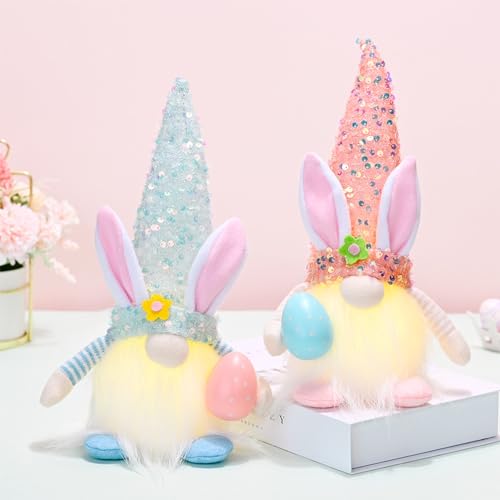 2 Stück Ostern Deko Wichtel Hasen, Leuchtende Osterhasen Zwerg Osterdeko Handgemachte Plüsch Wichtel Puppen mit Eiern, Schwedische Gnome Puppen für Urlaub Dekoration (2 Stk/Pailletten-Rosa+Blau) von NSXIN