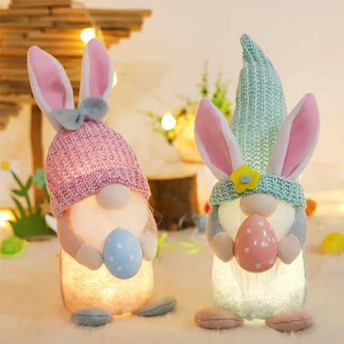 NSXIN 2 Stück Ostern Deko Wichtel Hasen, Leuchtende Osterhasen Zwerg Osterdeko Handgemachte Plüsch Wichtel Puppen mit Eiern, Schwedische GNOME Puppen für Urlaub Dekoration (2 STK/Rosa+Blau) von NSXIN