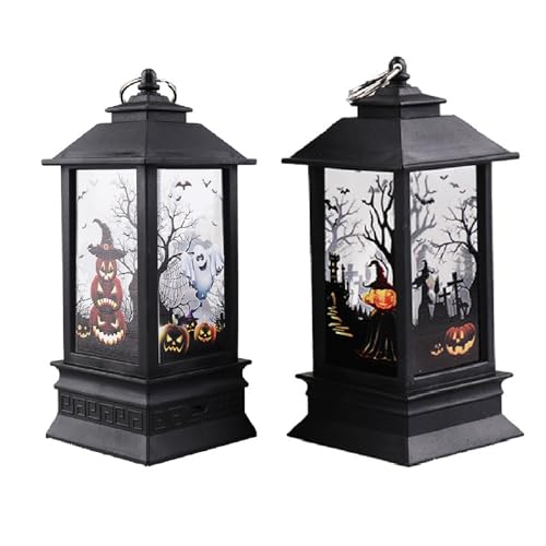 NSXIN 2pcs Halloween Deko Laterne, 20cm Hohe Halloween Licht Kürbis Laterne Halloween Vintage Kürbis Kerzenlaterne Tragbare Garten Hängedeko (ohne Batterie) (Groß,2 Stück/Schloss + Hexe) von NSXIN