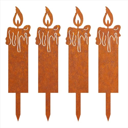 Roststecker Tannenbaum und Elch weihnachtsdeko, 4er Set Metall Rost Deko Weihnachtsbaum Gartenstecker, Herbstdeko Roststecker Weihnachtsdeko für Draußen (4er Set Kerze) von NSXIN