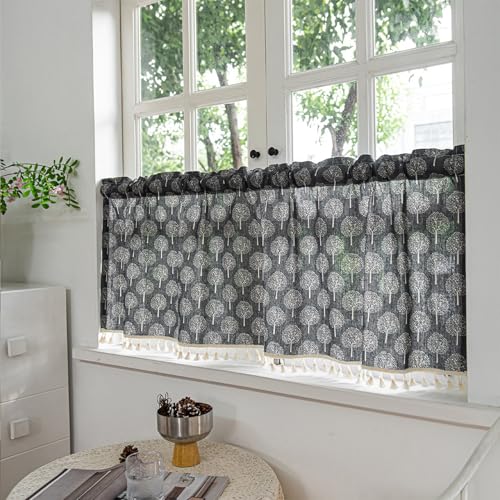 NSXIN Scheibengardine Halbtransparent Bistrogardine Blumen Küchengardinen Landhausstil Gardinen Quasten Vorhänge Kurz für kleine Fenster Küche Wohnzimmer (Glücksbaum,150cm*46cm) von NSXIN