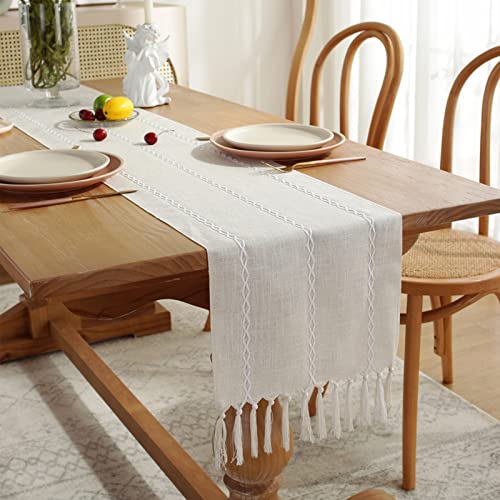 NSXIN Tischläufer Boho Vintag Beige Tischläufer mit Quasten Modernes Leinen Table Runner für Hochzeit Rustikales Zuhause Bauernhaus Modern Tabletop Dekor, 183x33cm (Grauweiß) von NSXIN