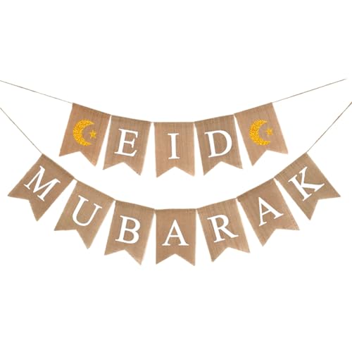 Ramadan Muslim Banner, Jute Ramadan Kareem Banner, Eid Mubarak Dekoration Mit Glitzer Stern Mond Eid Mubarak, Partyzubehör für Muslim Islam Ramadan Dekoration (B) von NSXIN